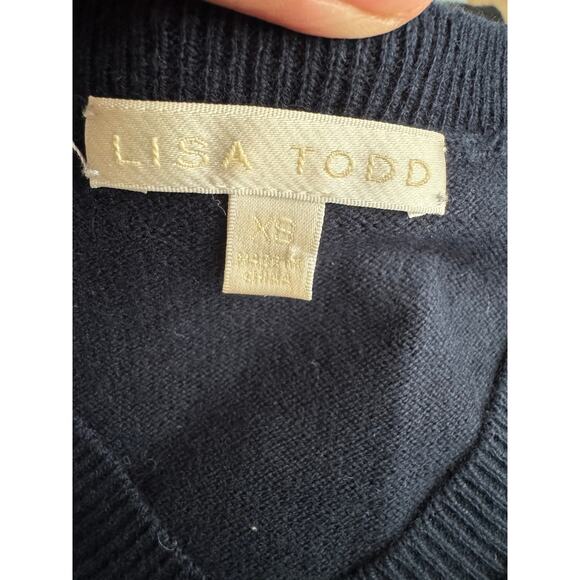 Lisa Todd Patch V-Neck Cotton/Cashmere Sweater Sequin Elbow Patches Navy XS - Picture 13 of 14